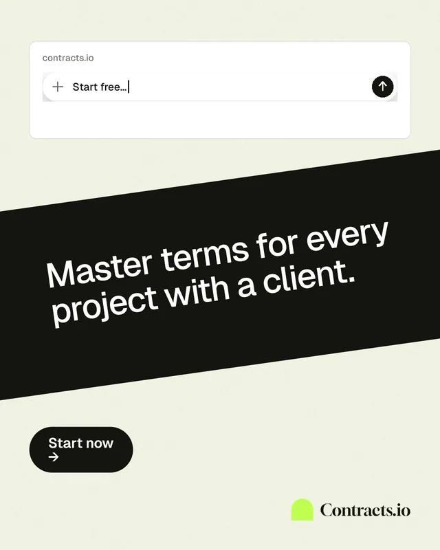 Instagram portrait post for contracts.io: "Master terms for every project with a client." Data card style, diagonal layout, light palette in white, black.