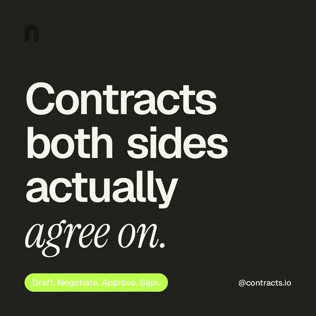 Instagram post for contracts.io: "Contracts both sides actually agree on." Caption style, technique:mixed type lockup layout, dark palette in black, green, grey.