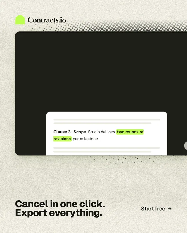 Instagram portrait post for contracts.io: "Cancel in one click. Export everything." Ink sticker style, image led layout, light palette in black, yellow, white.