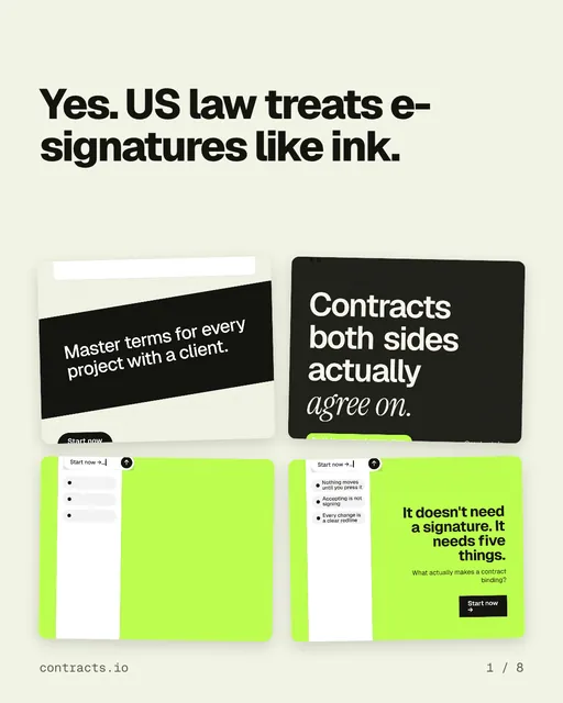 Carousel for contracts.io: "Yes. US law treats e-signatures like ink.". Collection carousel, 8 slides, light palette.