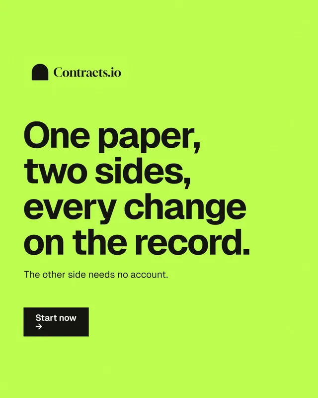 Instagram portrait post for contracts.io: "One paper, two sides, every change on the record." Swiss style, announce layout, light palette in green.