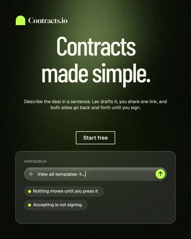 Instagram portrait post for contracts.io: "Contracts made simple." Dark deco style, centred layout, dark palette in green, black, grey.