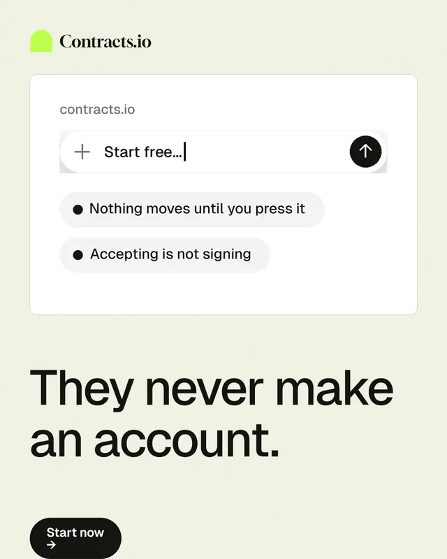 Instagram portrait post for contracts.io: "They never make an account." Data card style, bottom layout, light palette in white, grey.