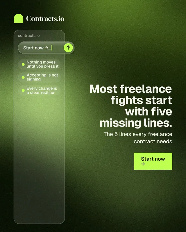 Instagram portrait post for contracts.io: "Most freelance fights start with five missing lines." Swiss style, right layout, dark palette in green, black.