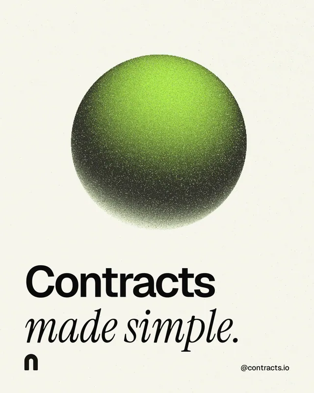 Instagram portrait post for contracts.io: "Contracts made simple." Auto 4x5 style, technique:shader field layout, light palette in white, grey.