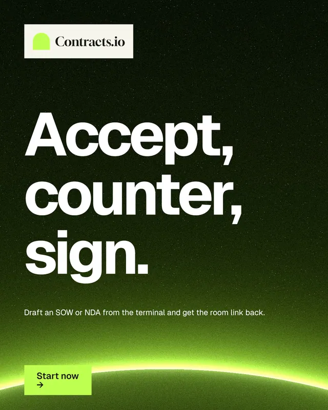 Instagram portrait post for contracts.io: "Accept, counter, sign." Swiss style, announce layout, dark palette in green, black.