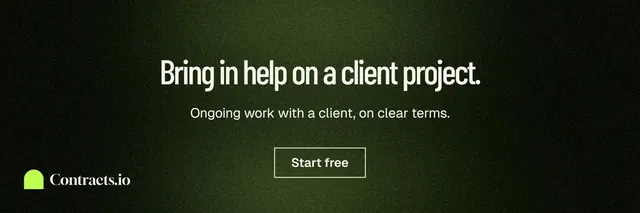 X header for contracts.io: "Bring in help on a client project." Dark deco style, centred layout, dark palette in black, green.