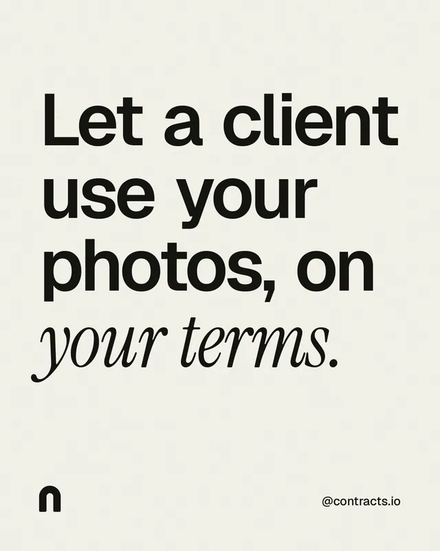 Instagram portrait post for contracts.io: "Let a client use your photos, on your terms." Editorial style, technique:mixed type lockup layout, light palette in white, grey.