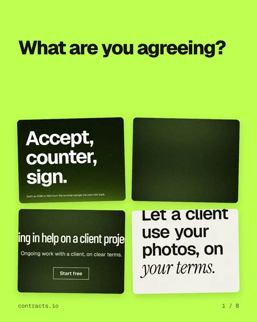 Carousel for contracts.io: "What are you agreeing?". Collection carousel, 8 slides, light palette.