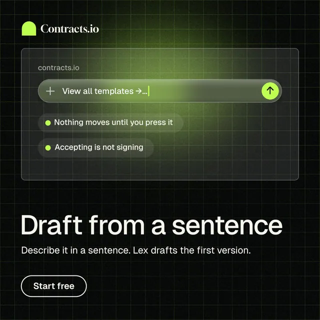 Instagram post for contracts.io: "Draft from a sentence". Phosphor atlas style, bottom layout, dark palette in black, green.