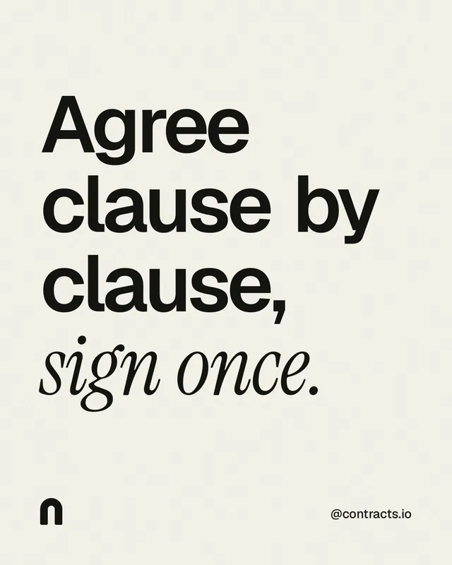 Instagram portrait post for contracts.io: "Agree clause by clause, sign once." Editorial style, technique:mixed type lockup layout, light palette in white, grey.
