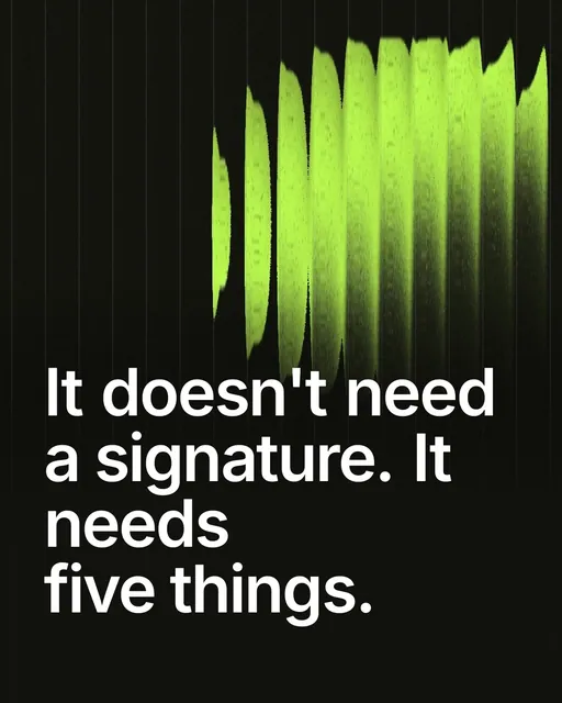 Video for contracts.io: "It doesn't need a signature. It needs five things.". Shader loop, 6.0 s, dark palette.