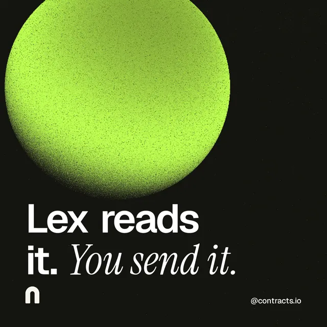 Instagram post for contracts.io: "Lex reads it. You send it." Auto 1x1 style, technique:shader field layout, dark palette in black, green.