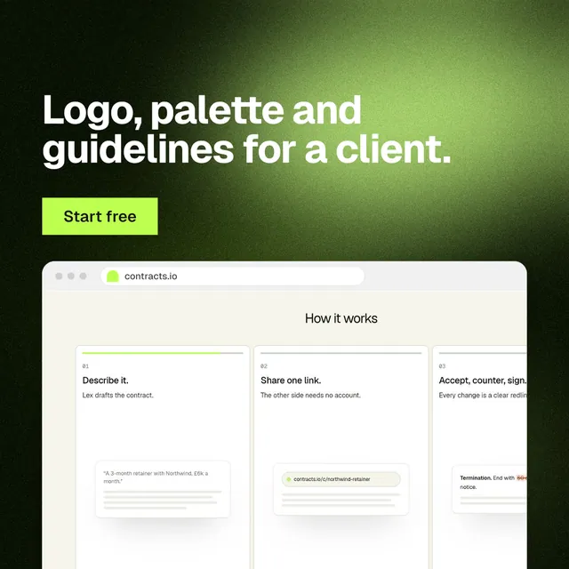 Instagram post for contracts.io: "Logo, palette and guidelines for a client." Swiss style, browser layout, light palette in green, black, white.