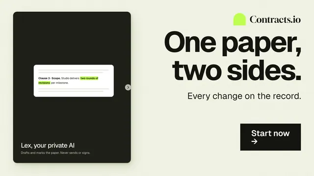 Landscape graphic for contracts.io: "One paper, two sides." Swiss style, right layout, light palette in white, black, grey.