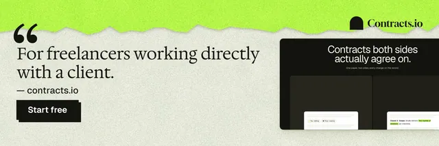 X header for contracts.io: "For freelancers working directly with a client." Paper trio style, quote layout, light palette in green, black, grey.
