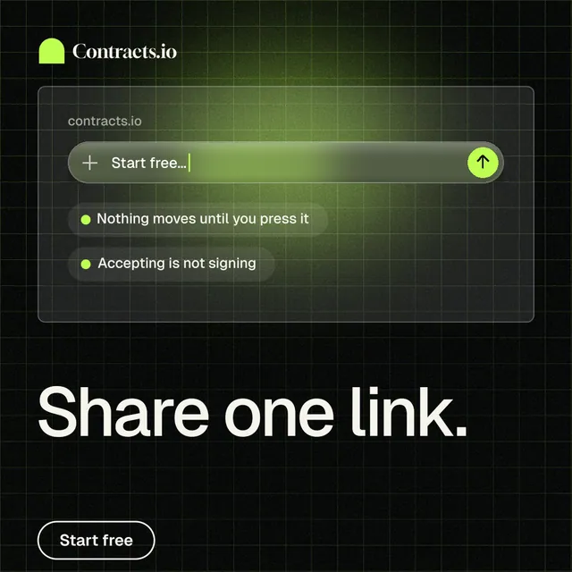 Instagram post for contracts.io: "Share one link." Phosphor atlas style, bottom layout, dark palette in black, grey.