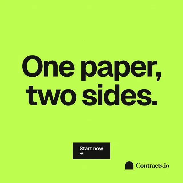 Instagram post for contracts.io: "One paper, two sides." Swiss style, centred layout, light palette in green.