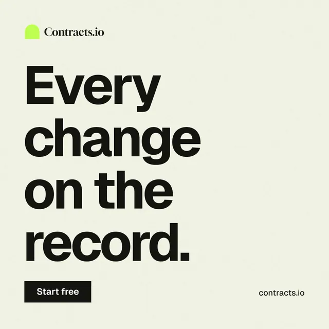 Instagram post for contracts.io: "Every change on the record." Swiss style, poster layout, light palette in white, grey.