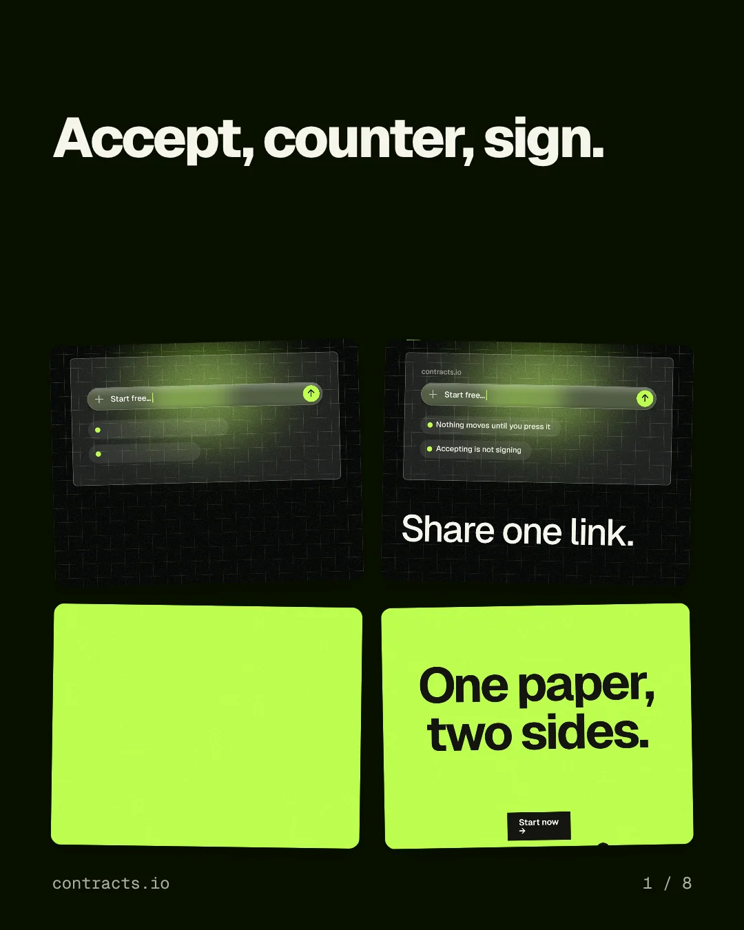 Carousel for contracts.io: "Accept, counter, sign.". Collection carousel, 8 slides, dark palette.