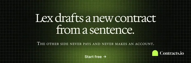 X header for contracts.io: "Lex drafts a new contract from a sentence." Phosphor atlas style, smallcaps layout, dark palette in black, green, grey.
