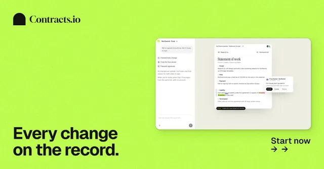 Social ad for contracts.io: "Every change on the record." Swiss style, image led layout, light palette in green.