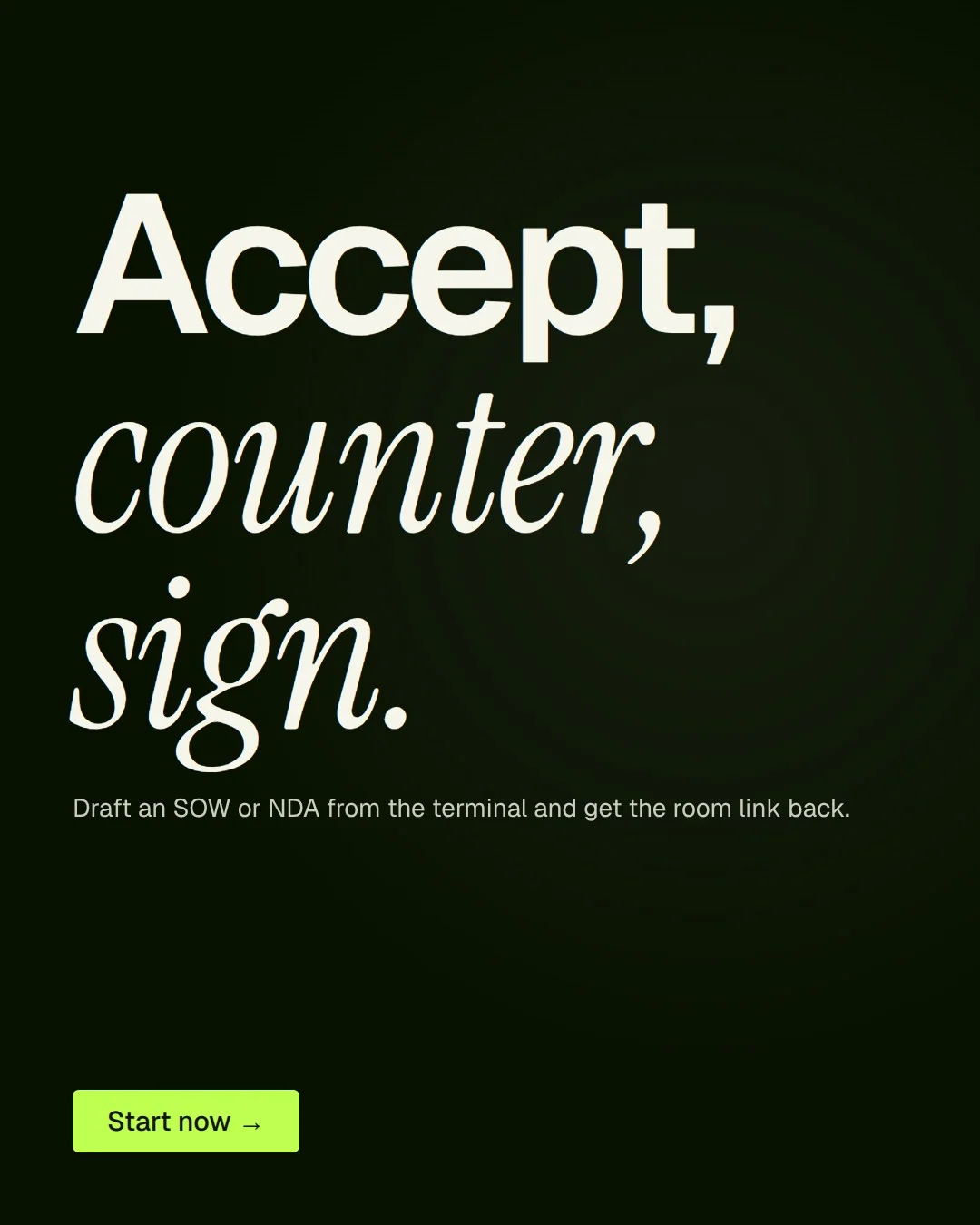 Video for contracts.io: "Accept, counter, sign.". Doc motion loop, 6.0 s, dark palette.