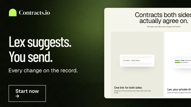 Landscape graphic for contracts.io: "Lex suggests. You send." Dark deco style, bottom layout, light palette in black, green, yellow.