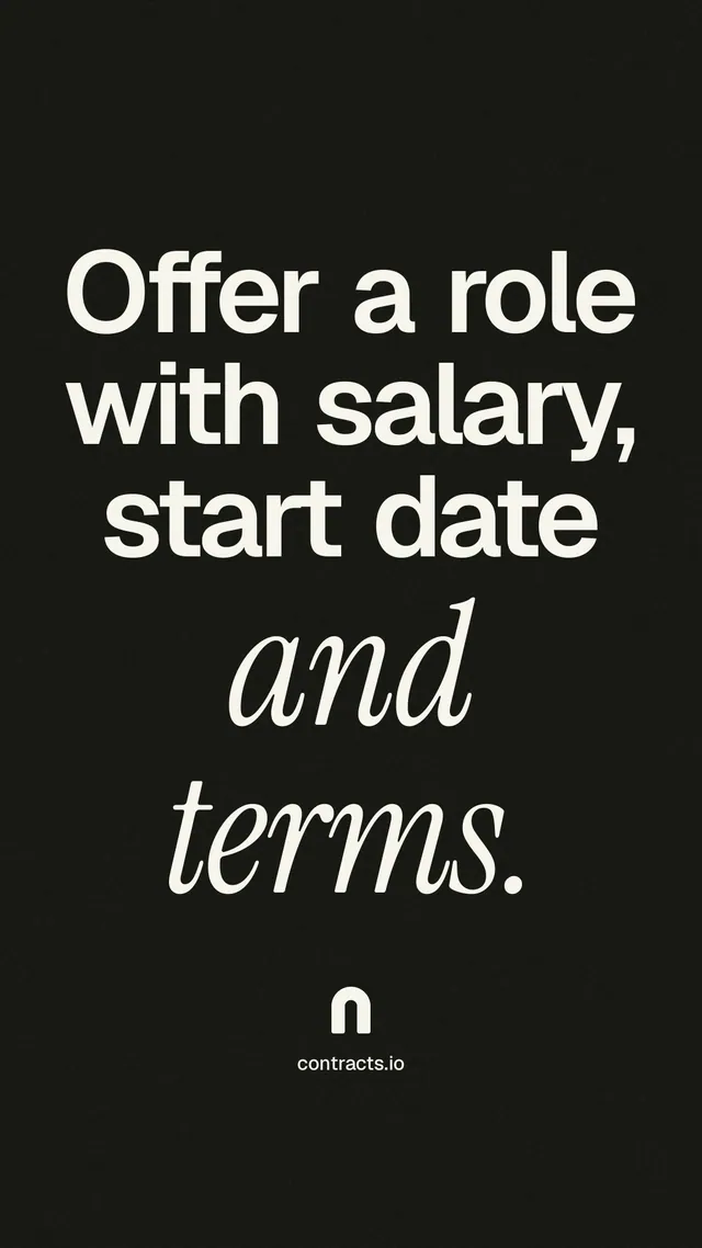 Instagram story for contracts.io: "Offer a role with salary, start date and terms." Poster style, technique:mixed type lockup layout, dark palette in black, grey.