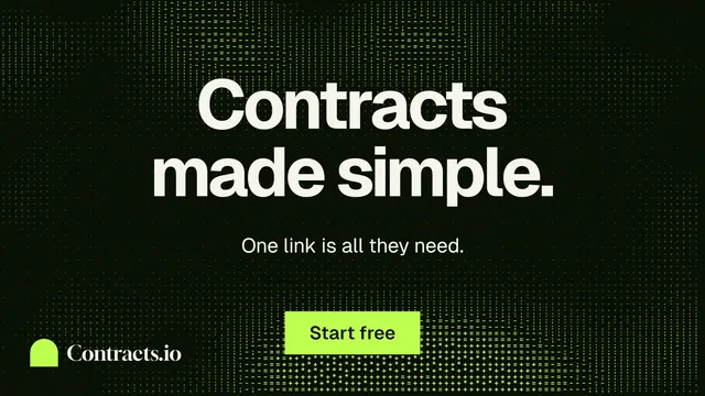 Landscape graphic for contracts.io: "Contracts made simple." Swiss style, centred layout, dark palette in black, grey.