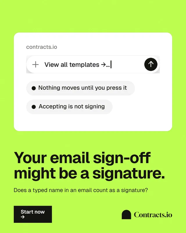 Instagram portrait post for contracts.io: "Your email sign-off might be a signature." Swiss style, bottom layout, light palette in white, green.