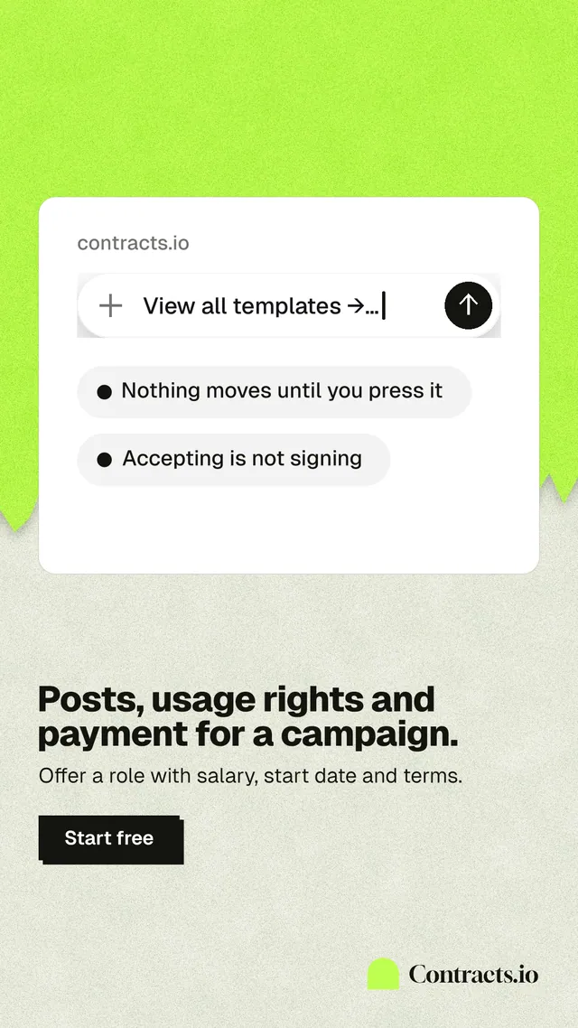 Instagram story for contracts.io: "Posts, usage rights and payment for a campaign." Paper trio style, bottom layout, light palette in white, yellow, green.