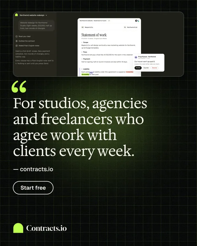Instagram portrait post for contracts.io: "For studios, agencies and freelancers who agree work with clients every week." Phosphor atlas style, quote layout, dark palette in black, grey.