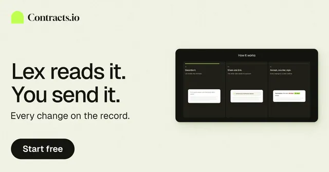Social ad for contracts.io: "Lex reads it. You send it." Data card style, bottom layout, light palette in white, grey, green.