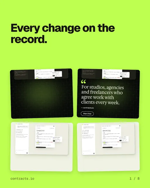 Carousel for contracts.io: "Every change on the record.". Collection carousel, 8 slides, light palette.