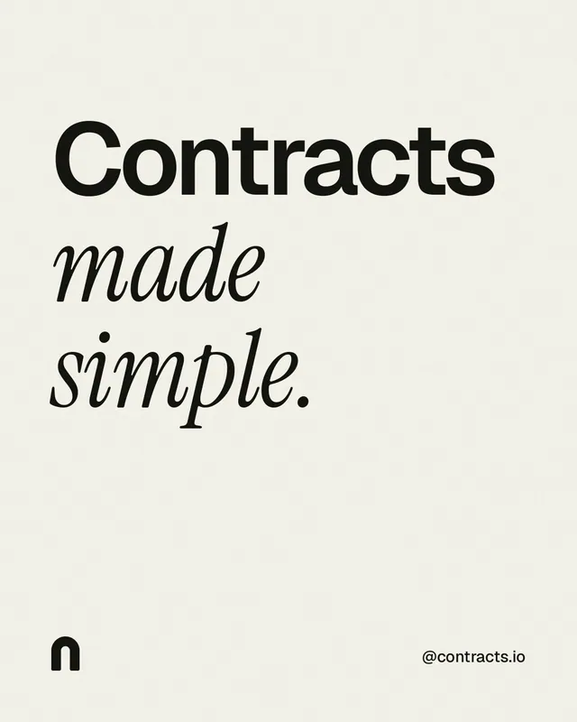 Instagram portrait post for contracts.io: "Contracts made simple." Editorial style, technique:mixed type lockup layout, light palette in white, grey.