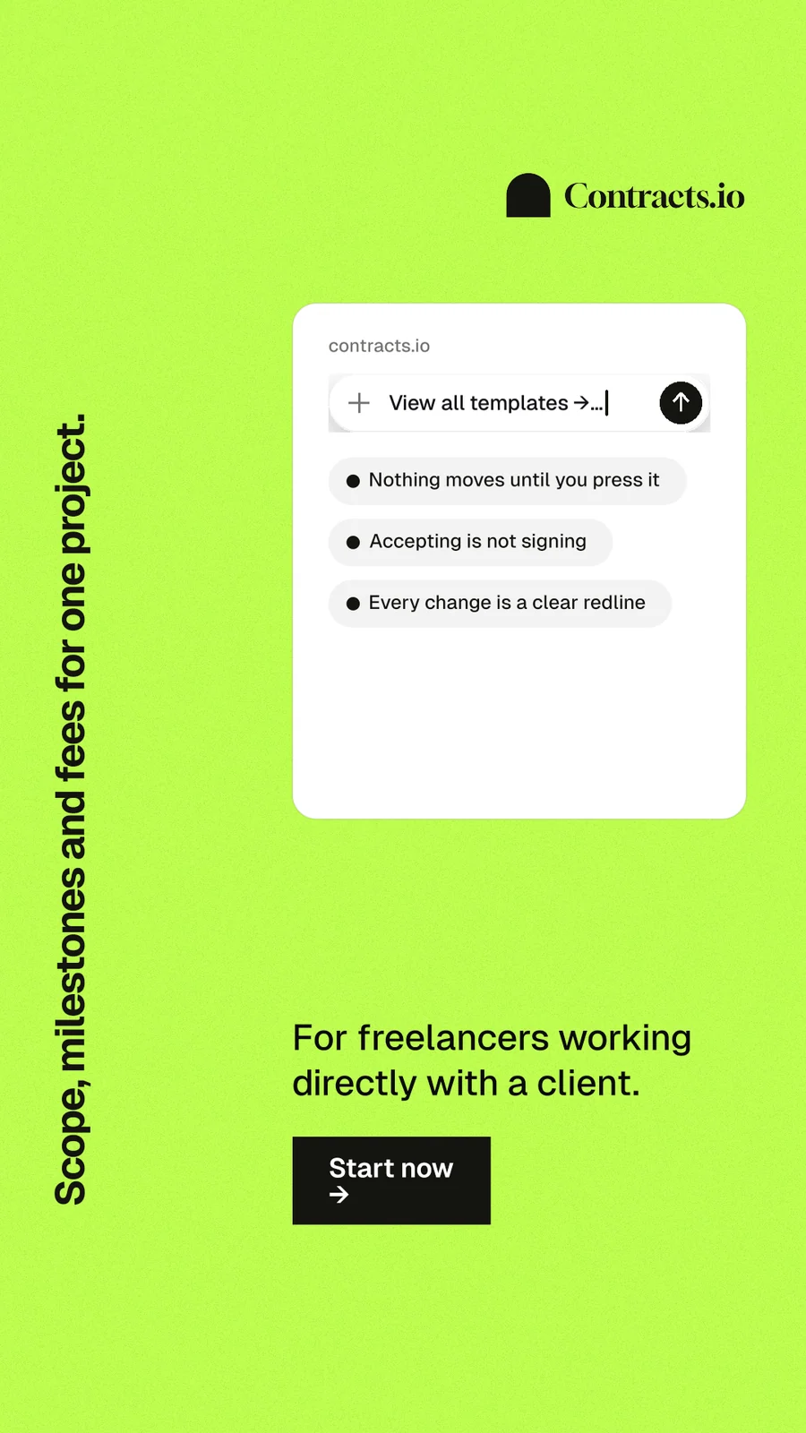 Instagram story for contracts.io: "Scope, milestones and fees for one project." Swiss style, vertical layout, light palette in green.