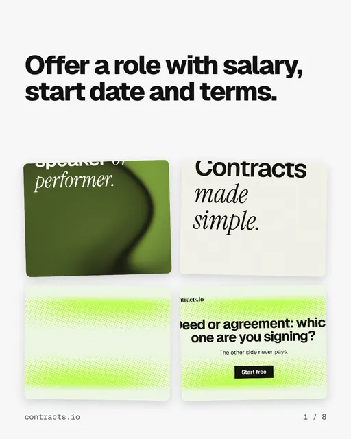 Carousel for contracts.io: "Offer a role with salary, start date and terms.". Collection carousel, 8 slides, light palette.