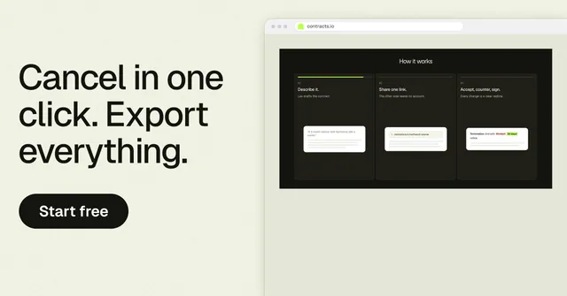 Social ad for contracts.io: "Cancel in one click. Export everything." Data card style, browser layout, light palette in green, black, grey.