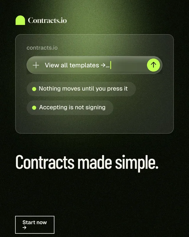 Instagram portrait post for contracts.io: "Contracts made simple." Dark deco style, bottom layout, dark palette in black, green.
