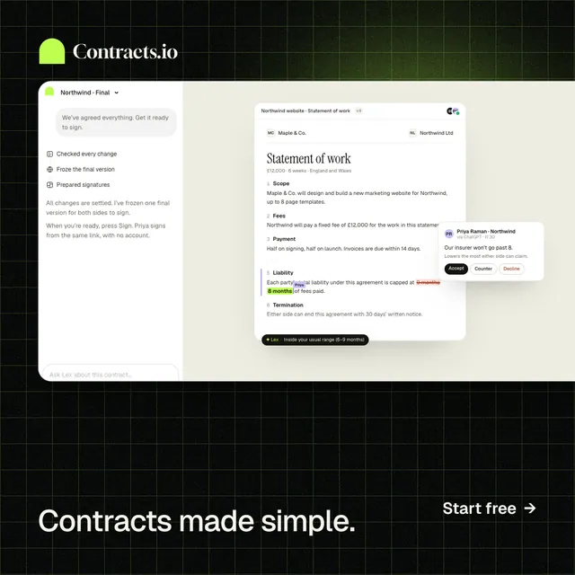 Instagram post for contracts.io: "Contracts made simple." Phosphor atlas style, image led layout, light palette in white, black.