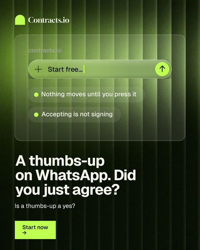 Instagram portrait post for contracts.io: "A thumbs-up on WhatsApp. Did you just agree?" Swiss style, bottom layout, dark palette in green, black.