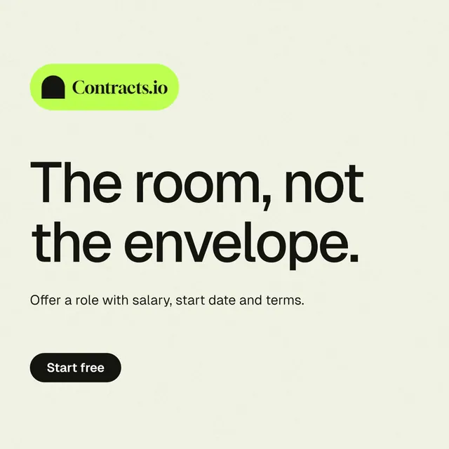 Instagram post for contracts.io: "The room, not the envelope." Data card style, announce layout, light palette in white, yellow, grey.