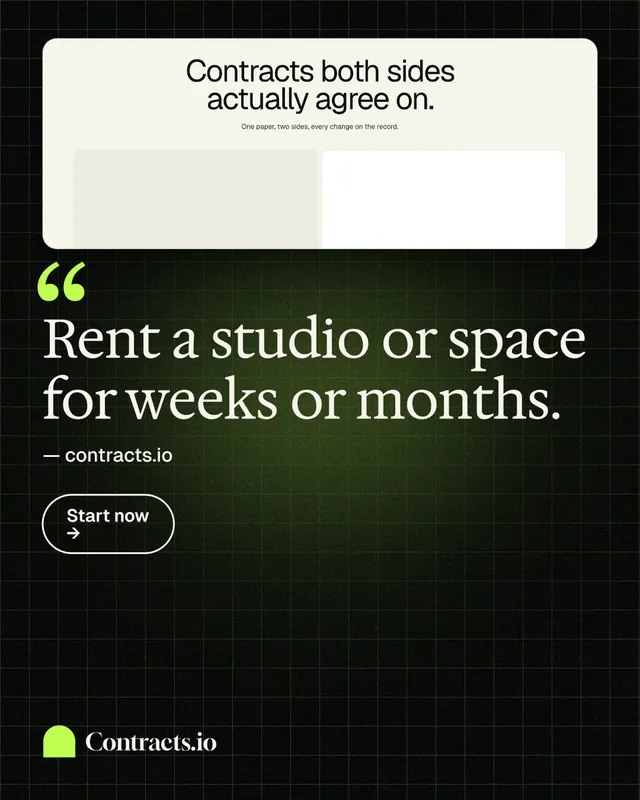 Instagram portrait post for contracts.io: "Rent a studio or space for weeks or months." Phosphor atlas style, quote layout, dark palette in black, green, white.