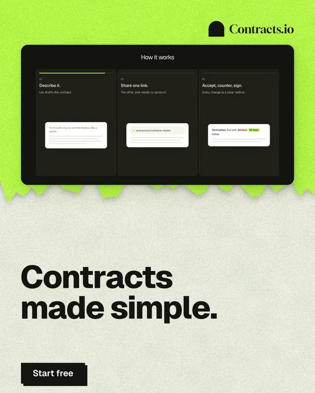 Instagram portrait post for contracts.io: "Contracts made simple." Paper trio style, bottom layout, light palette in green, black, grey.