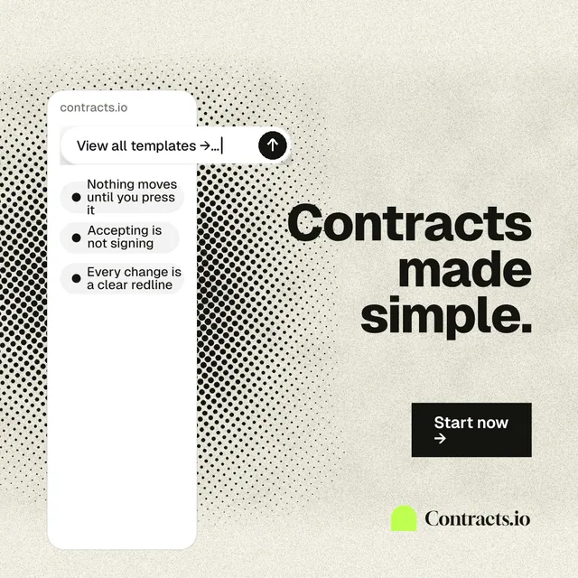Instagram post for contracts.io: "Contracts made simple." Ink sticker style, right layout, light palette in white, yellow, grey.