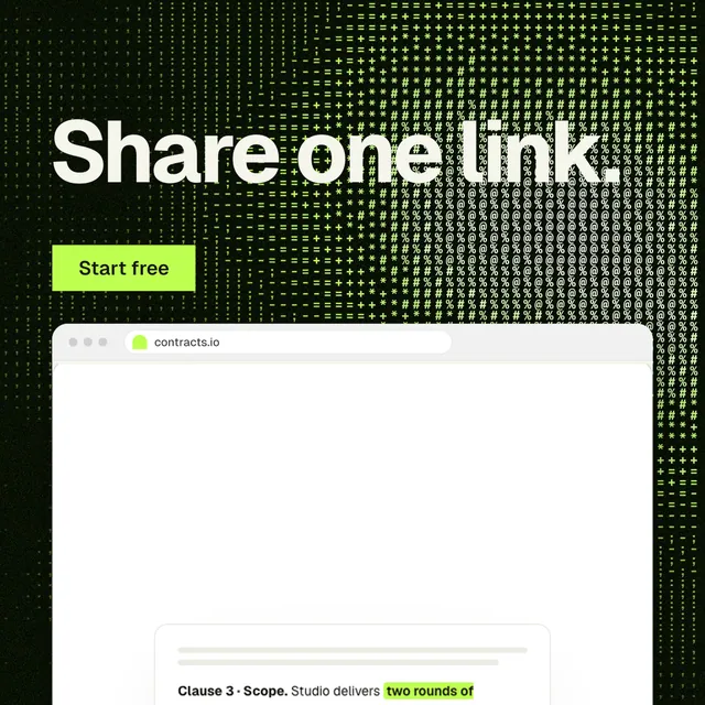 Instagram post for contracts.io: "Share one link." Swiss style, browser layout, light palette in white, black, green.