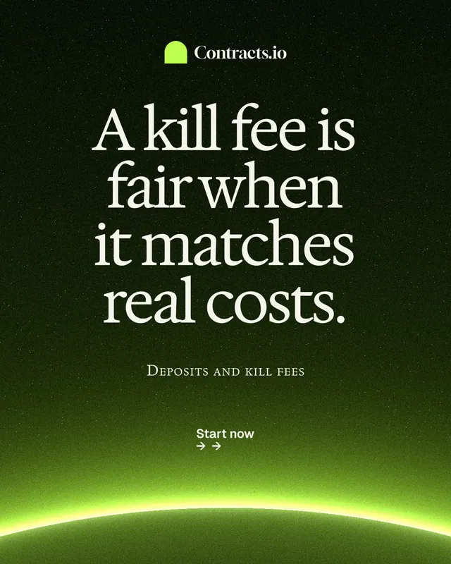Instagram portrait post for contracts.io: "A kill fee is fair when it matches real costs." Swiss style, smallcaps layout, dark palette in green, black.