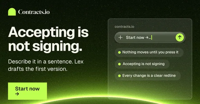 Social ad for contracts.io: "Accepting is not signing." Swiss style, bottom layout, dark palette in black, green.