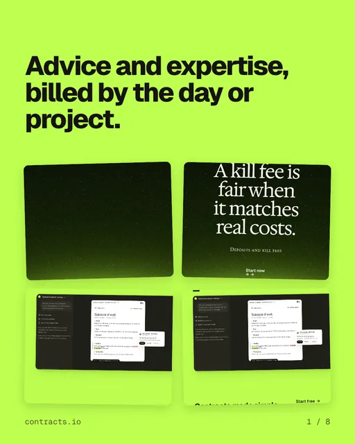 Carousel for contracts.io: "Advice and expertise, billed by the day or project.". Collection carousel, 8 slides, light palette.